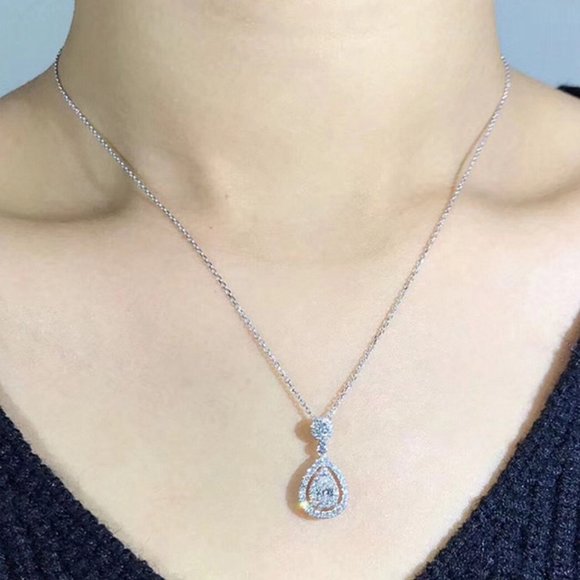 925 Sterling Silver Diamond Teardrop Necklace S - Picture 2 of 5
